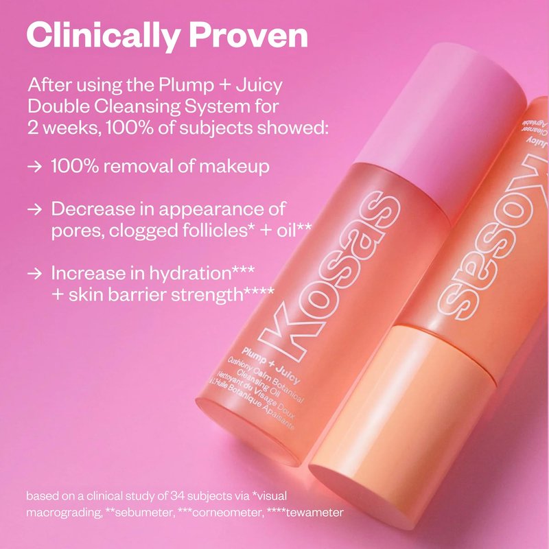 Kosas Mini Plump + Juicy Double Cleansing System — Botanical Oil Cleanser + Gel Cleanser Set, Soap & Sulfate Free, Hydrating Makeup Remover for All Skin Types