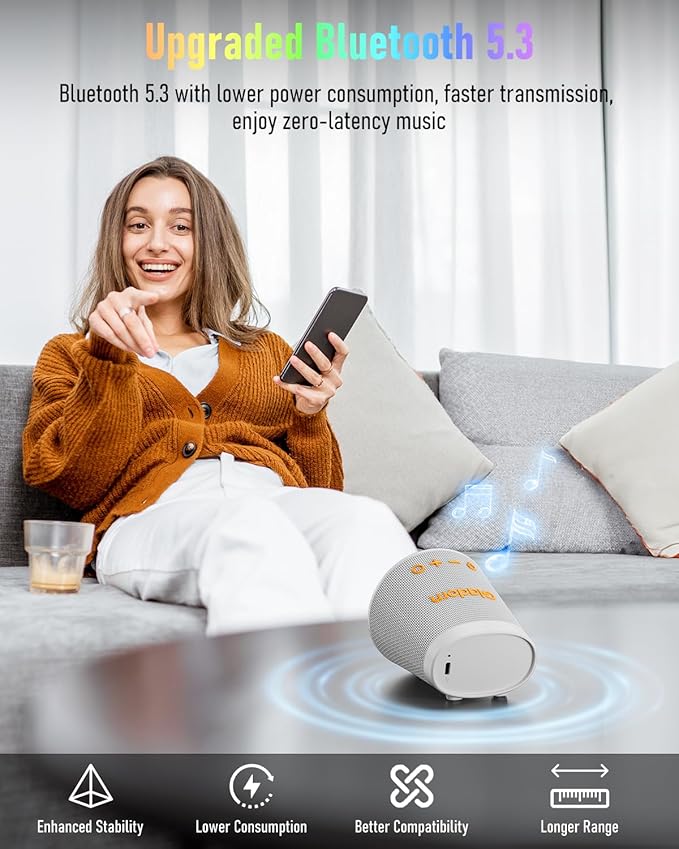 Gladorn Portable Bluetooth Speaker Wireless with 9 Color Lights, 20H Playtime, Stereo Pairing, Deep Bass, IPX6 Waterproof, Bluetooth 5.3, Small Speaker for Home, Party, Outdoor, Camping, Beach, Gift