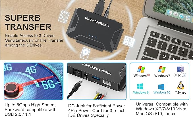 EYOOLD Hard Drive Reader, USB 3.0 to IDE and SATA Adapter External Hard DriveConverter for Universal 2.5/3.5 HDD/SSD Hard Drive Disk Includes 12V Power Adapter, Support 6TB - Black