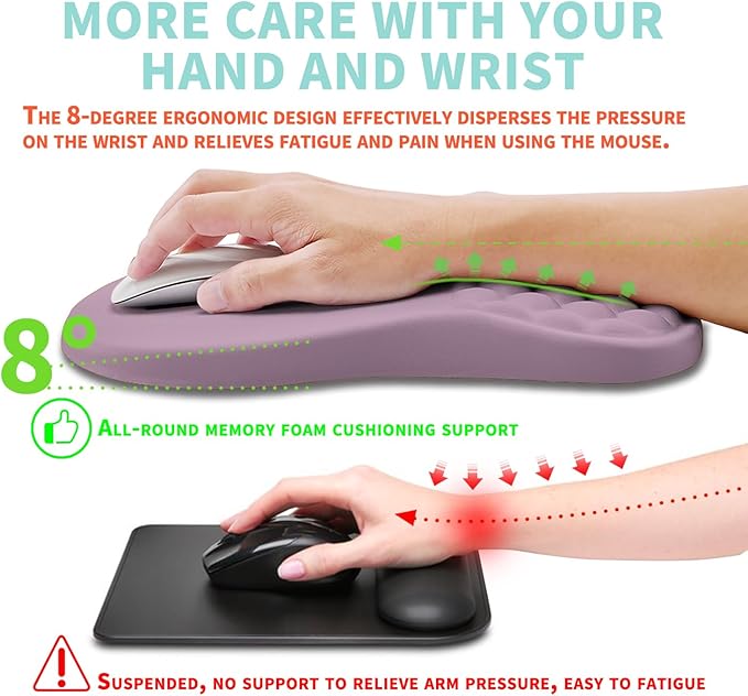 Kuosgm Ergonomic Mouse Pad Wrist Support with Memory Foam Massage Bulge, Carpal Tunnel Pain Relief Mousepad Wrist Rest for Mouse(12x8 inch, Purple)