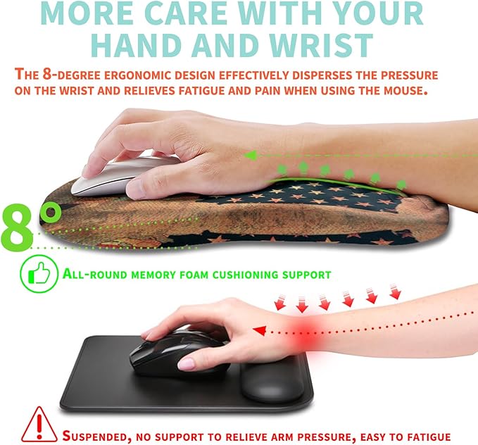 Kuosgm Ergonomic Mouse Pad Wrist Support with Memory Foam Massage Bulge, Carpal Tunnel Pain Relief Mousepad Wrist Rest for Mouse(12x8 inch, USA Flag Map)