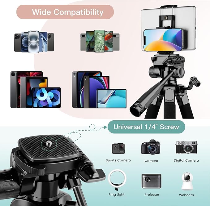 Camera Tripod Stand, 68" Phone Tripod for Tablet with Remote and Holder, Lightweight and Compact Travel Tripod for Canon Sony Camera, Compatible with DSLR, iPhone, iPad