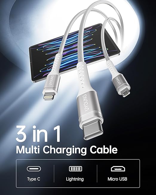 Multi Charging Cable 2Pack 4FT, 3 in 1 Charger Cable Braided Universal Phone Charging Cord with Lightning/Type C/Micro USB Ends, Multiple USB Cable for iPhone/Samsung/Google Cell Phones and More