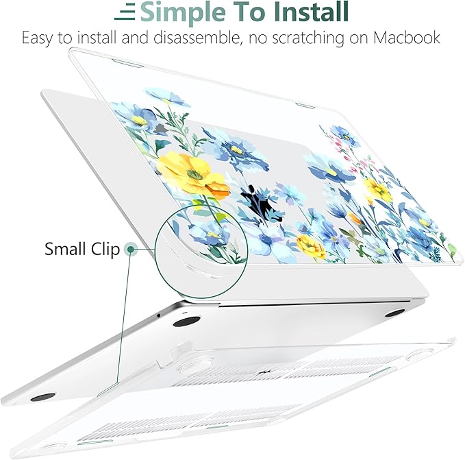 TWOLSKOO for MacBook Air 15 inch Case 2025 2024 2023 Release M4 A3241 M3 A3114 M2 A2941, Plastic Hard Shell & Screen Protector & Keyboard Cover & Type C Adapter, Blue Flowers