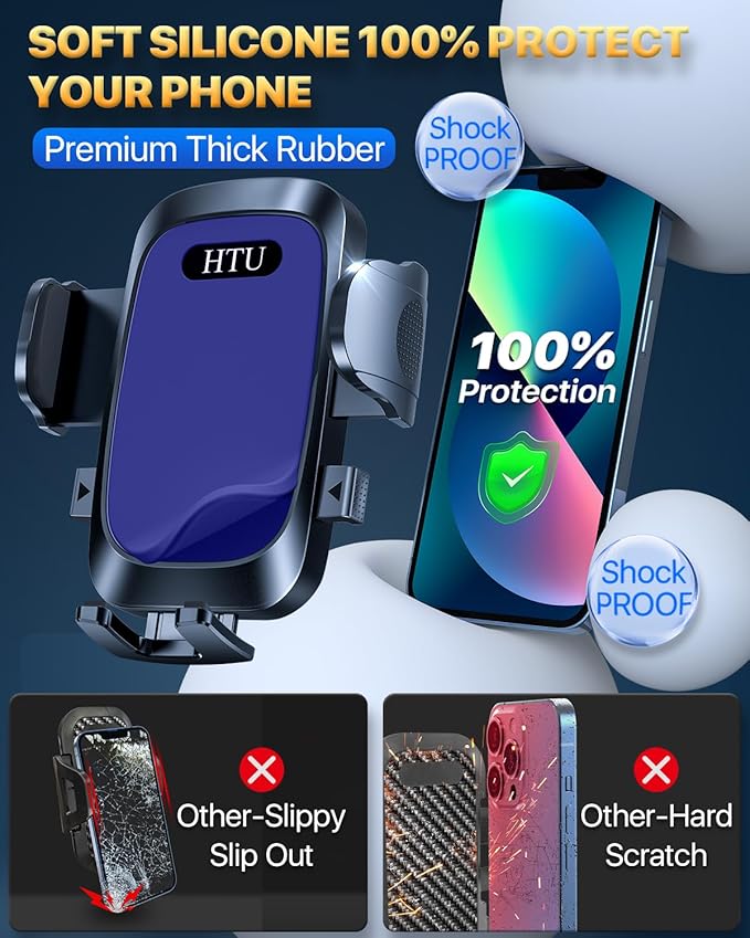 HTU Upgraded Strongest Suction Car Phone Holder Bendable Arm, Never Block View Rotatable Cellphone Mount for Dashboard Windshield Vent, Cradle Stand for iPhone 17 16 15 14 13 12 Pro Max (Lndigo Blue)