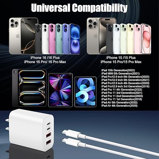 USB C Charger for iPhone 15,4-Port Fast iPhone 15 Wall Charger Block,2Pack 40W Multiport Quick USB C Wall Charger Plug Adapter,10FT USB C to C Cable for iPhone 15/15 Pro/15 ProMax/15 Plus,iPad Pro/Air
