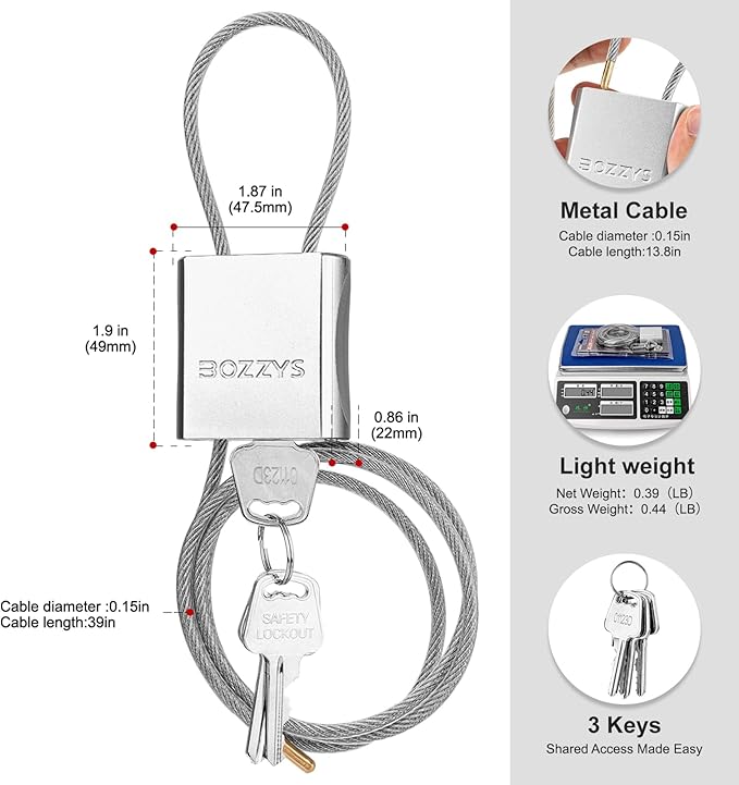 BOZZYS Cable Lock with 3 Keys | L 3.28ft(1m),D 1/6in(4mm) Adjustable Steel Cable Padlock | Aluminum Locks for Bikes, Gate, Lockers & Outdoor Gear | Weatherproof& Silver