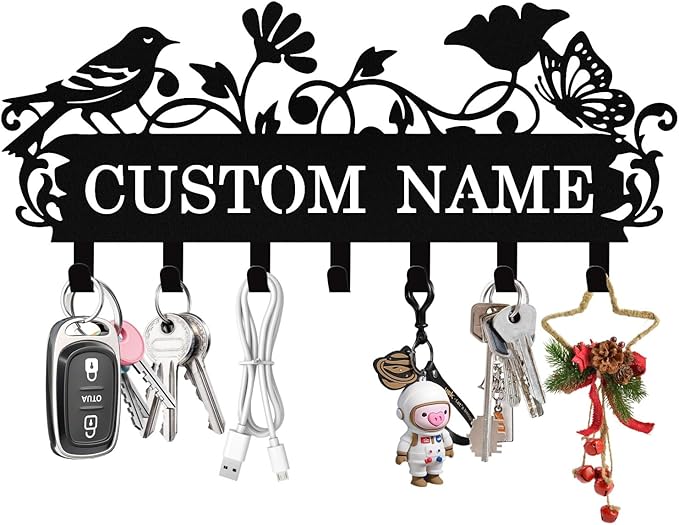 Syneiro Personalized Bird Key Holder Wall Mount, Custom Metal Key Rack Key Holder with Name, Deer Cabin Wall Keys Hanger with Hooks for Entryway, Front Door, Hallway, Kitchen, Living Room