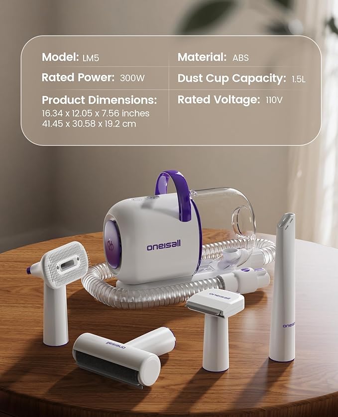 oneisall Dog Grooming Vacuum Kits: 15000Pa Shedding Brush with Grooming Tools, 3 Suction Low Noise, Pet Grooming Vacuum for Thick and Undercoat, 1.5L Dust Cup Dog Hair Vacuum, Home Cleaning, LM5