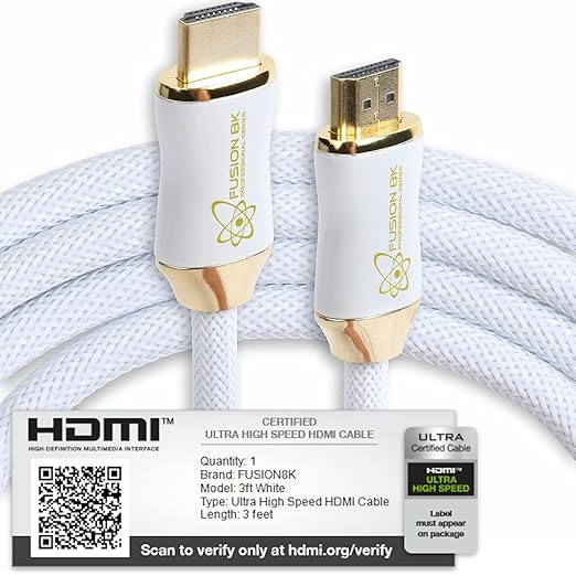 Fusion8K White HDMI 2.1 Cable 3ft - Certified 48Gbps 8K@60Hz 4K@120Hz 10K | HDR Dolby Vision eARC | Braided Cord for PS5 Xbox Series X Apple TV 4K