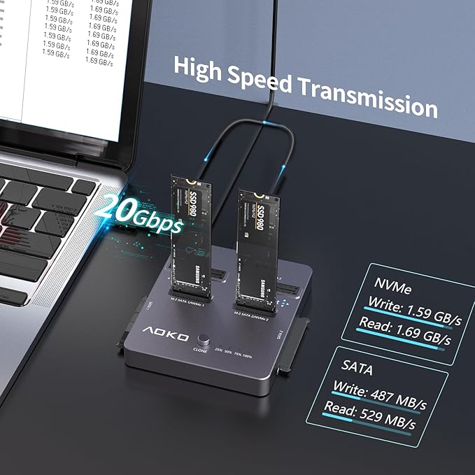 AOKO M.2 NVMe SSD Cloner, Dual-Bay 4-in-1 Hard Drive Docking Station,Hard Drive Reader/Cloner for M.2 PCIE NVME+mSATA & SATA 2.5"/3.5" HDD,Offline Cloning Without PC