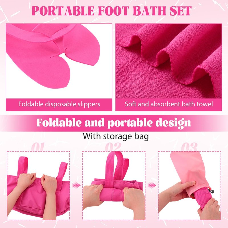 FillTouch 6 Sets Foldable Foot Bath Kit 15L Collapsible Foot Soaking Tub Bathroom Towels Women Adult Foldable Slippers with Storage Bag Spa Soak Pedicure Bath for Travel Camping(Rose Red)