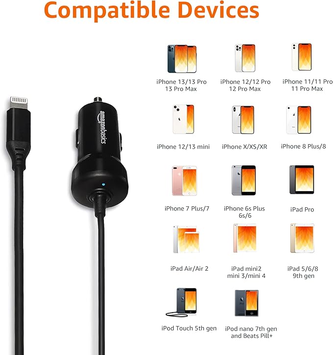 Amazon Basics 12W (5V, 2.4A) Fast Car Charger with Coiled Lightning Cable, MFi Certified for iPhone, iPad and Apple Devices, 1.5 ft, Black