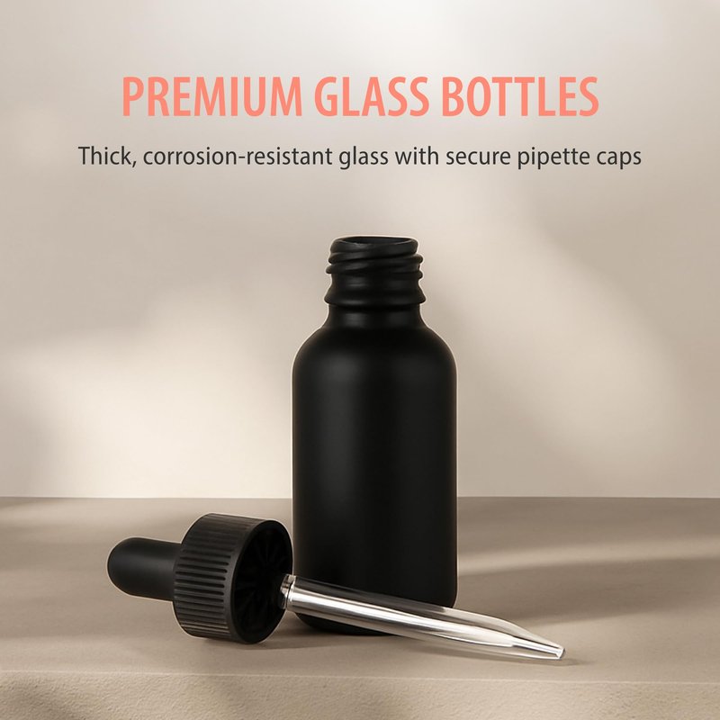Focus Nutrition Black Boston Round 1 oz Dropper Bottles | Glass Dropper Bottles for Essential Oils & Aromatherapy | Travel Size 1 oz | 24 Pack