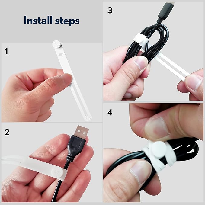PZOZ Reusable Silicone Cable Ties 10 Pack, Durable Flexible Cable Organizer Straps for Charging Cables, Headphones & Power Cords, Cord Management for Desk, Home Office Organization (White)