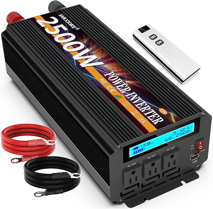 JARXIOKE 2500W Power Inverter 12V DC to AC 110V/120V (Peak) 5000W Converter 3 sockets car Inverter with Remote Control and LED Display 3.4A USB Port