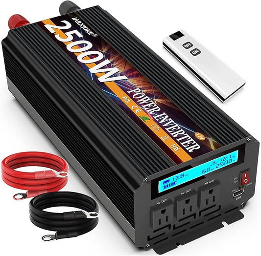 JARXIOKE 2500W Power Inverter 12V DC to AC 110V/120V (Peak) 5000W Converter 3 sockets car Inverter with Remote Control and LED Display 3.4A USB Port