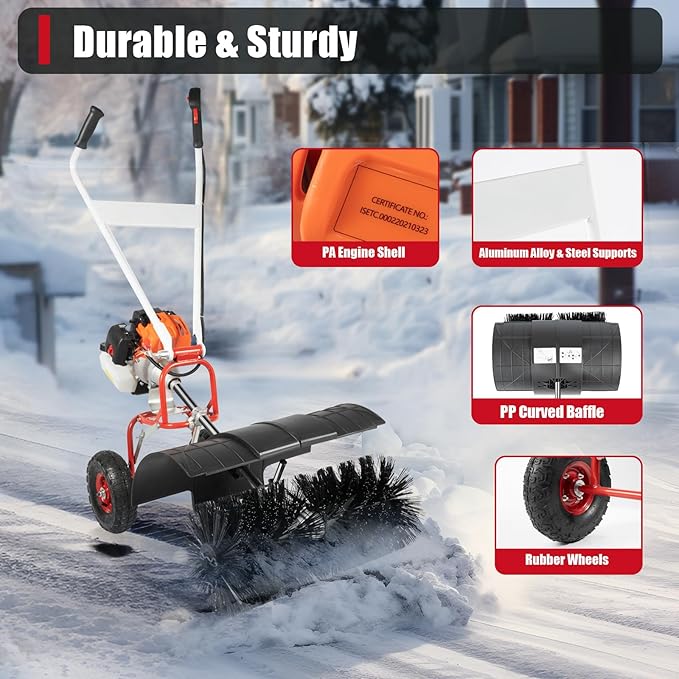 2-Stroke 52CC Walk Behind Power Sweeper Broom, 2.5HP Fuel Engine Sweepers Snowplow Broom Driveway Lawns Artificial Grass Power Brush Lawn Sweeper Cleaner Tools Air-Cooled for Street Farms