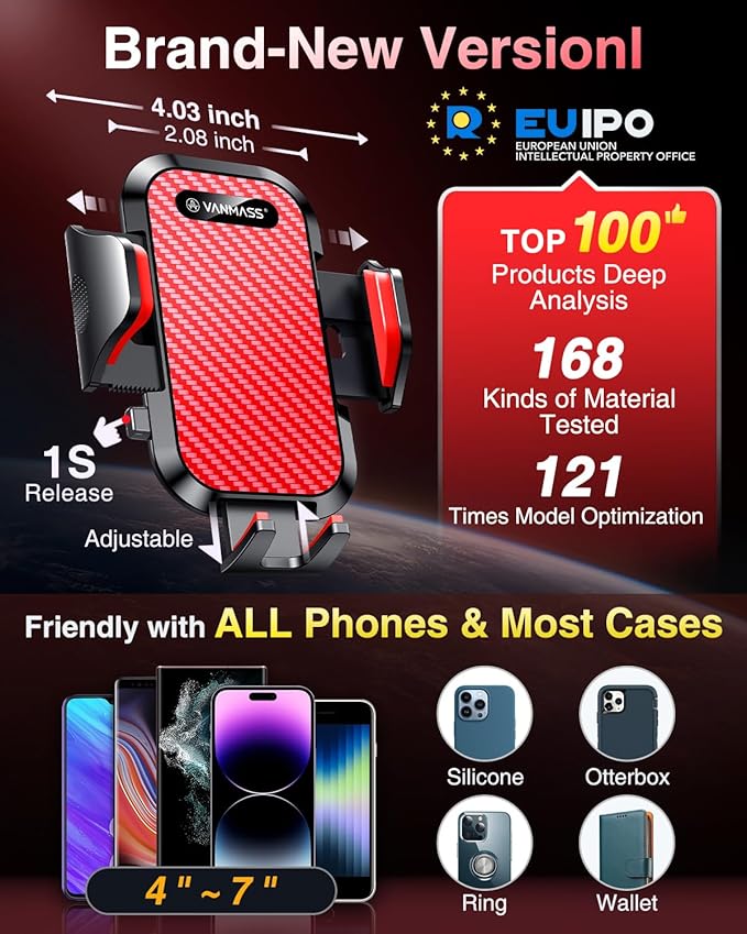 VANMASS Phone Holders for Your Car 2026 Ultimate Phone Mount Military-Grade Windshield Dashboard Vent【Newest Best Strongest】 Cell Phone Car Mount for iPhone 16 Pro Max 15 Samsung Android,Red