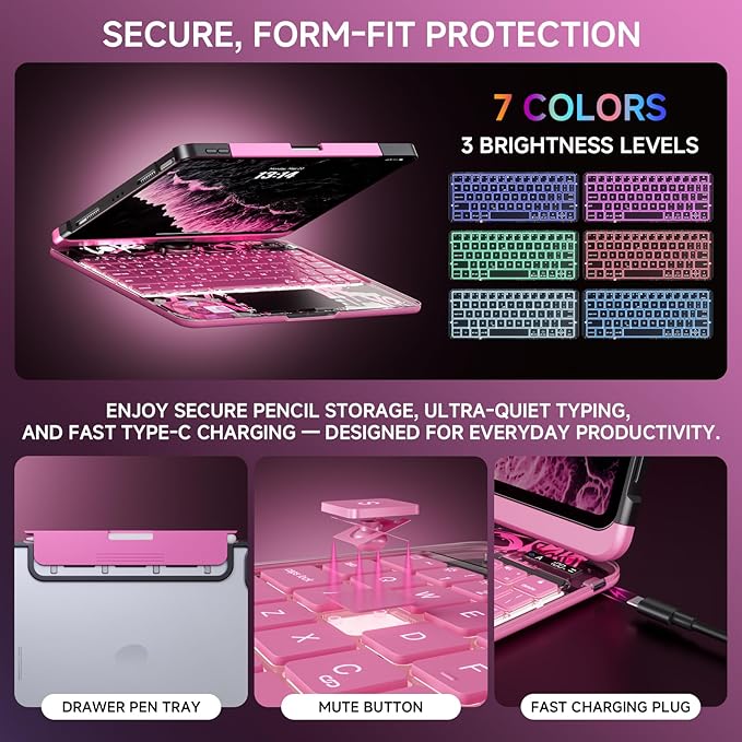 Tiaota Transparent Case with Keyboard for iPad Pro 13 inch (M5/M4, 2025/2024), iPad Pro 13,7-Color Backlit,Magic Wireless Keyboard, 360°Rotating,Multi-Touch trackpad,Pencil Holder,with Shortcuts,Pink