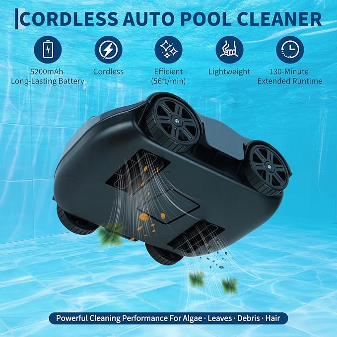 Robotic Pool Cleaners Cordless Robotic Pool Cleaner for Above Ground Pools - 130 Min Runtime, Self-Charging, Cleans Up to 860 Sq Ft, Lightweight & Portable Design