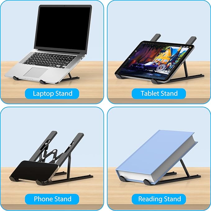 Gogoonike Adjustable Laptop Stand, Portable Laptop Riser for Desk, ABS+Silicone Foldable Ventilated Cooling Notebook Holder Stand for 10-15.6” Laptops, Tablets