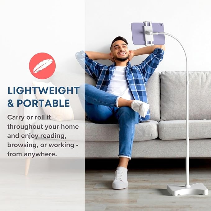 LEVO Adjustable Height Floor Stand for Tablet & Phone - White Without Casters - Gooseneck Holder Mount with Stable Base - Compatible with All Cell Phones & Tablets (4-13 inch)