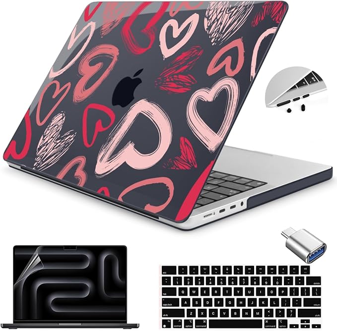 Teryeefi Design Case for M5 MacBook Pro 14 inch 2025 2024 2023 2021 Release M4 A3112 A3401 A3185 M3 A2918 A2992 M2 A2779 M1 A2442, Hard Shell Cover + Keyboard Cover for 14 inch MacBook Pro, Heart A002