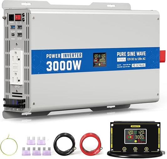 ASMONTRIC 3000W Pure Sine Wave Power Inverter 12V DC to 120V AC Converter 6000 Watt Peak Power Multi-Display Screen with 2 GFCI Outlet 30W USB and 18W Type-C for Car RV Truck Boat Off-Grid, Gray Blue