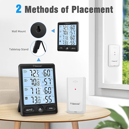 Geevon Indoor Outdoor Thermometer Wireless 3 Remote Sensors, 5-Inch Display Digital Hygrometer Thermometer Temperature Humidity Monitor with 8S Backlight, Battery-Powered