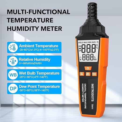 INSTRODOTS Temperature Humidity Meter, High Precision Digital Hygrometer with Ambient, Dew Point, Wet Bulb Temperature for Indoor Outdoor, Thermometer with Min/Max, Data Hold, LCD Backlight, TH11