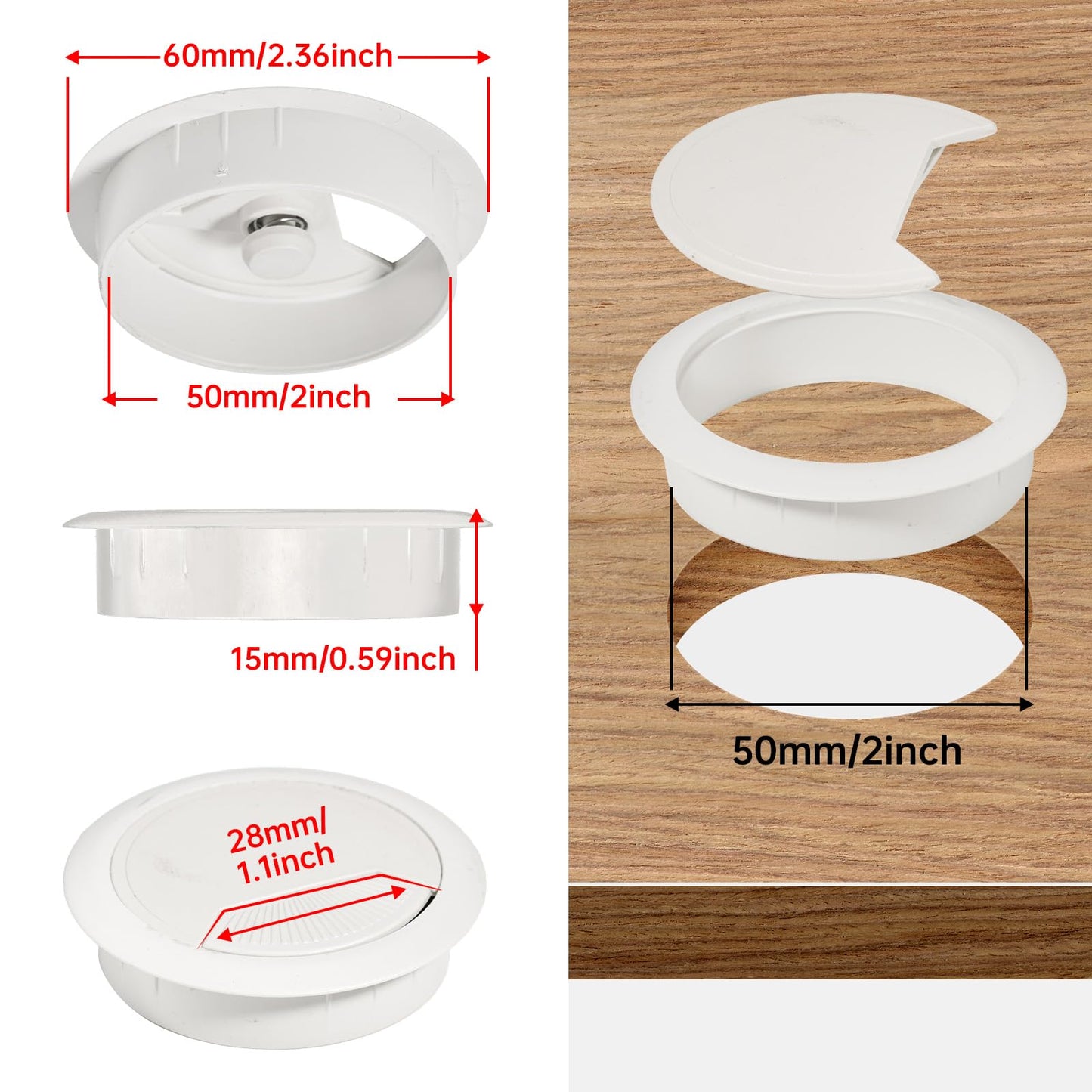 Desk Grommet 2 inch(50mm) 12 Pcs, Desk Hole Grommet, Cable Grommet, Desk Hole Cover, Desk Cord Hole Cover, Desk Cable Hole Cover with Hole Saw, Desk Wire Hole Insert, Furniture Hole Cover(White)