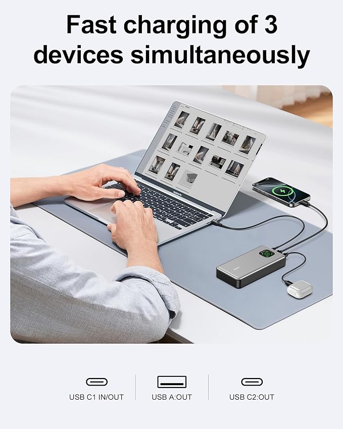 65W Power Bank, 25000mAh Travel Essential USB C Laptop Portable Charger, 101W Total Fast Charging Battery Pack for MacBook Dell XPS iPad Tablet Steam Deck iPhone 17-12 Series Samsung Switch and More