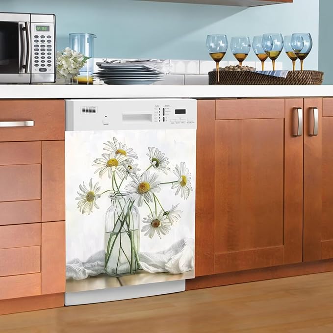 Generic Blooming Daisies Dishwasher Magnet Cover, White Flowers Magnetic Sticker for Fridge Washing Machine Cabinets, Country Floral Dishwasher Door Panel Decal Kitchen Decorative, Reusable, 23Wx26H