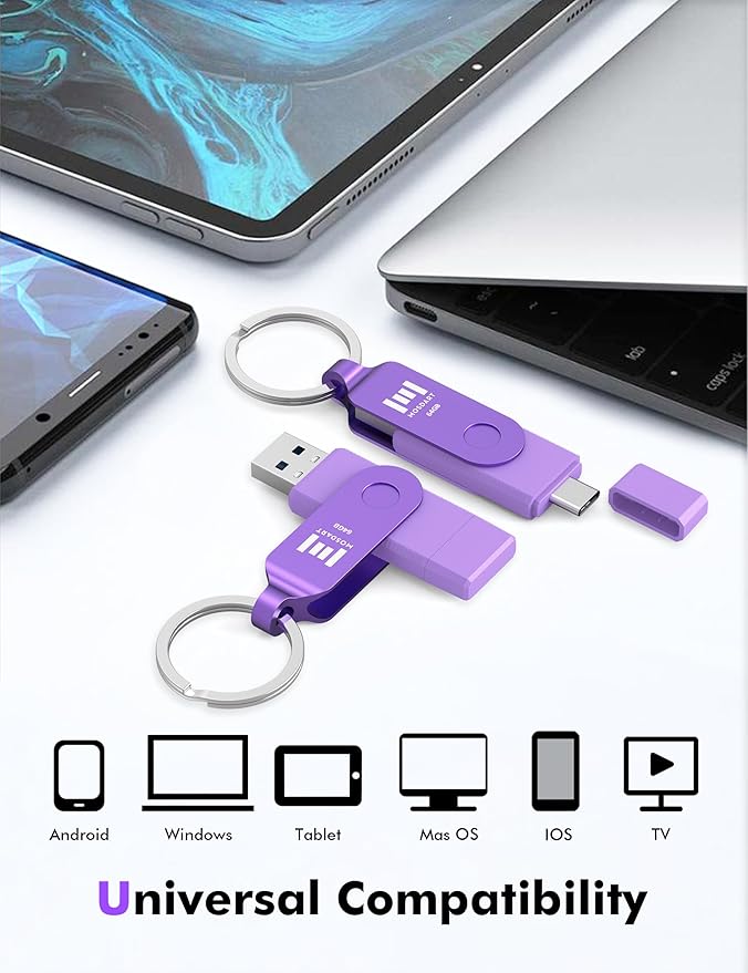 MOSDART 64GB USB C 3.2 Fast Speed C and A Dual Flash Drive, exFAT Memory Stick with Keychain and LED Indicator, for iPhone 15,16,17, Android Phone, iPad, MacBook, and Other Laptops, Purple
