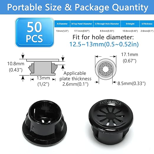 BOPOREAE 50 Pcs Cable Grommet, Snap Bushing 1/2" (13 mm) Mounting Diameter, Flexible Petal-Shaped Buckle Round Nylon Desk Grommet for Wires Through Countertop Cord Organizer and Protection, Black