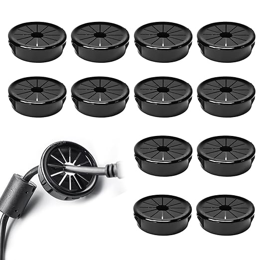 BOPOREAE 12 Pcs Cable Grommet, Snap Bushing 1-3/8" (35 mm) Mounting Diameter, Flexible Petal-Shaped Buckle Round Nylon Desk Grommet for Wires Through Countertop Cord Organizer and Protection, Black
