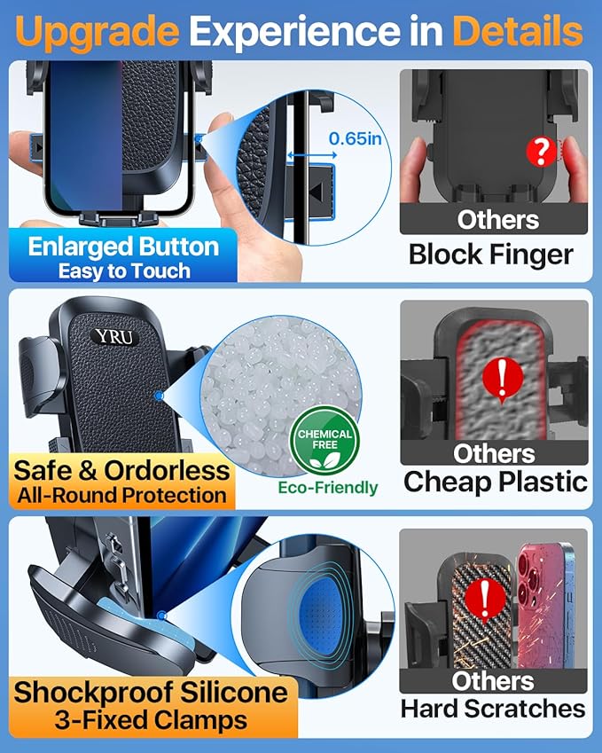 [True Upgrade for Safety] YRU Car Phone Holder Mount [Patent & Military-Grade] Dashboard Cell Phone Holder for Car Vent Windshield Phone Stand for iPhone17 16 15 14 13Pro Max Truck Samsung, Dark Black