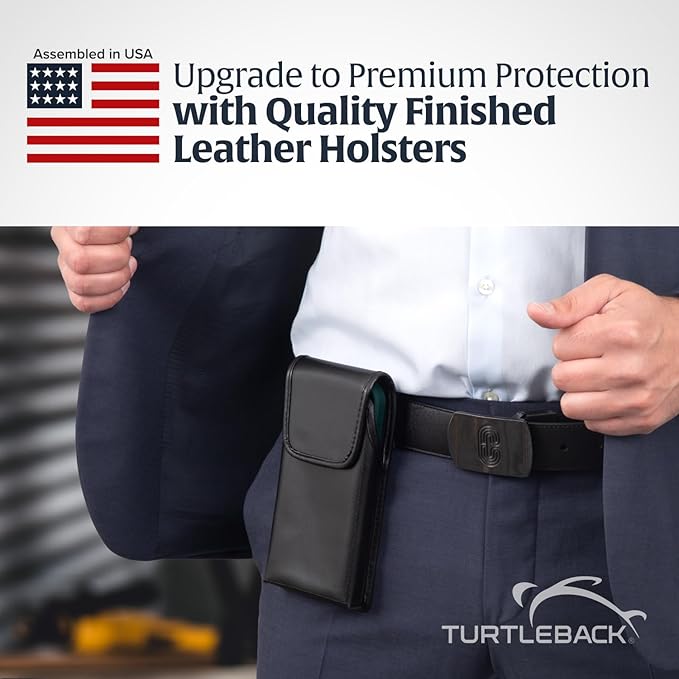 Turtleback Belt Clip for iPhone 16 Pro Max, 15 Pro Max, 14 Pro Max -Small- Fits w/Slim MagSafe Style Cases, Premium Black Leather, Vertical Belt Holder, Magnetic Closure HD Rotating Belt Clip