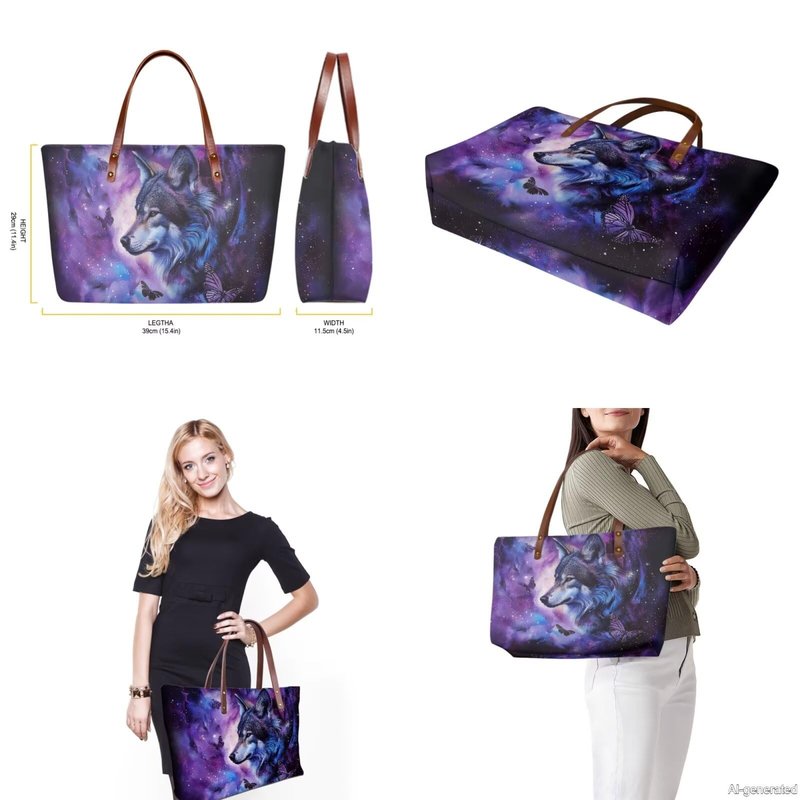 GIFTPUZZ Wolf Women Handbag Set 3 Packs Includes Large Capacity Top-Handle Bag PU Leather Toiletry Makeup Pouch Long Wallets Waterproof Blue Purple