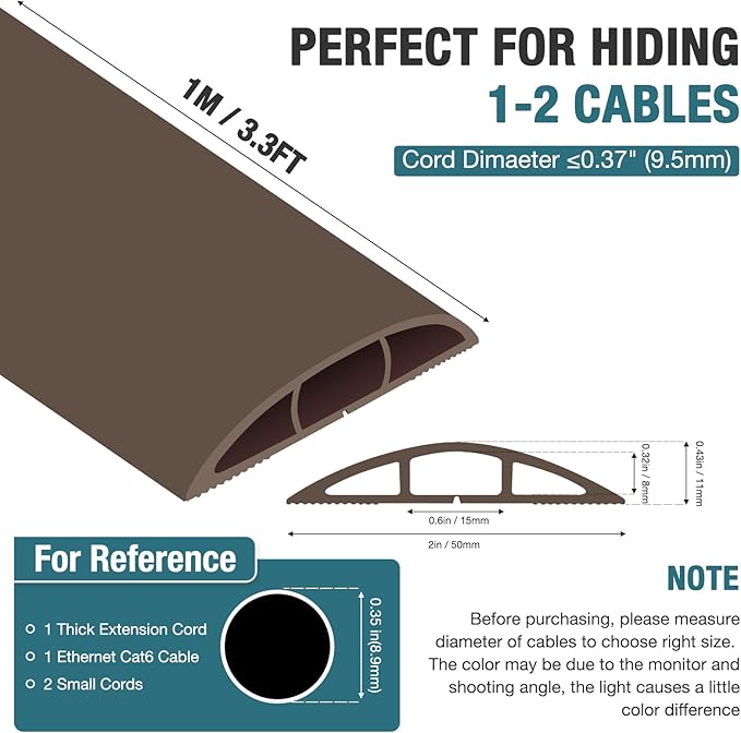 Floor Cord Cover, Cable Protector, 0.63W x 0.31H inches, Wire Cover for Extension Cords, Floor Cable Covers Prevent Cable Trips (Brown, 50-3.3 Feet)