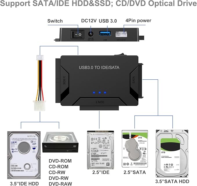 EYOOLD Hard Drive Reader, USB 3.0 to IDE and SATA Adapter External Hard DriveConverter for Universal 2.5/3.5 HDD/SSD Hard Drive Disk Includes 12V Power Adapter, Support 6TB - Black