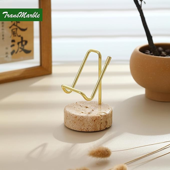 TransMarble Marble Phone Stand with Metal Holder, Charging Available While Using, Swipe Up to Unlock, Made of Natural Marble as Business Card Holder for Office Desk (Travertine Beige + Gold)