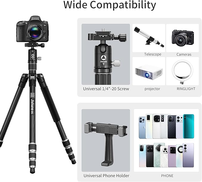 Jishane Carbon Fiber Camera Tripod, 62" Professional Video Tripod for Camera with 360° Ball Head, 1/4" Arca QR Plate, Compact Lightweight Travel Monopod for DSLR/Smartphone, Max Load 17.6 lbs/8kg