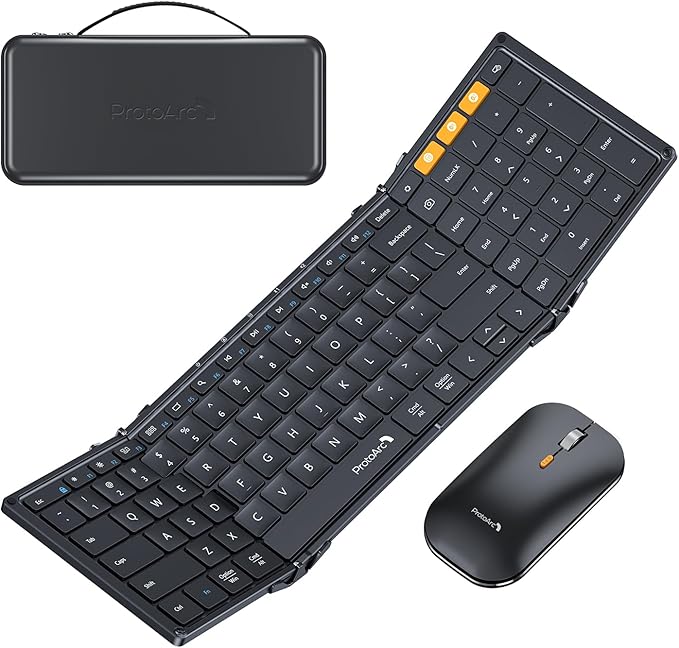 ProtoArc Foldable Keyboard and Mouse, XKM01 True Full-Size Folding Bluetooth Keyboard Mouse Combo for Business Travel, a Portable Office Suite On-the-Go, Compatible with Laptop iPad Tablet - Black