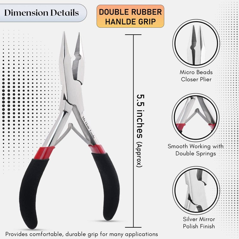 Silver Professional Hair Extension Tools Kit - Complete Set with Microbeads Crimping Plier, Micro Ring & Tape-in Remover Plier, Hair Parting Tool, Bead Loop & Needle Pulling Hook