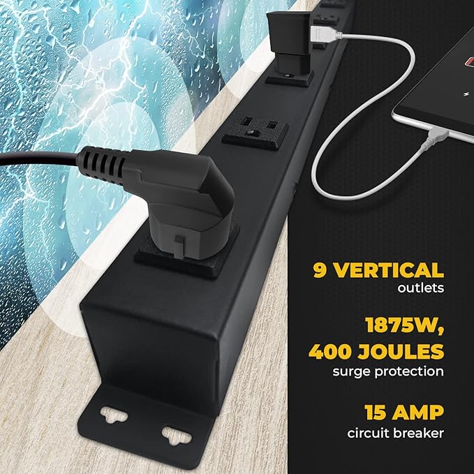 Opentron 9 Black Verticle Outlets 6 Feet Power Cord Heavy Duty Metal Surge Protector Power Strip