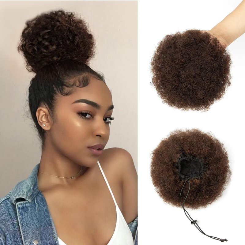 SPIKFN Afro Puff Clip On Human hair Drawstring Ponytail for Black Women,Ponytail Extension 6 Inch #2 Dark Brown 50g Short Afro Kinkys Curly Afro Bun Extension Hairpiece
