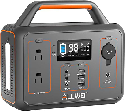 ALLWEI Portable Power Station 300W, 256Wh Solar Generator with 110V Pure Sine Wave AC Outlet,6 Output Ports,Backup LiFePO4 Battery Generator for Camping Outdoor Emergency Home (Solar Panel Optional)