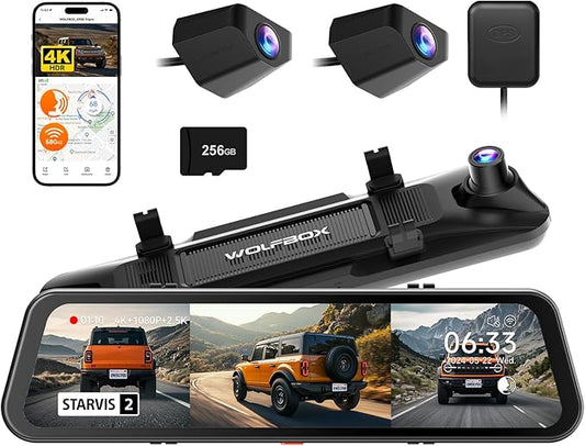 WOLFBOX G900 Tripro Bumper Version 3 Channel 4K Mirror Dash Cam, 8MP STARVIS 2 IMX678 Night Vision, 4K+2.5K+1080P Front and Rear Bumper Dash Cam, 5.8GHz WiFi, Voice Control, Includes 256GB Card & GPS